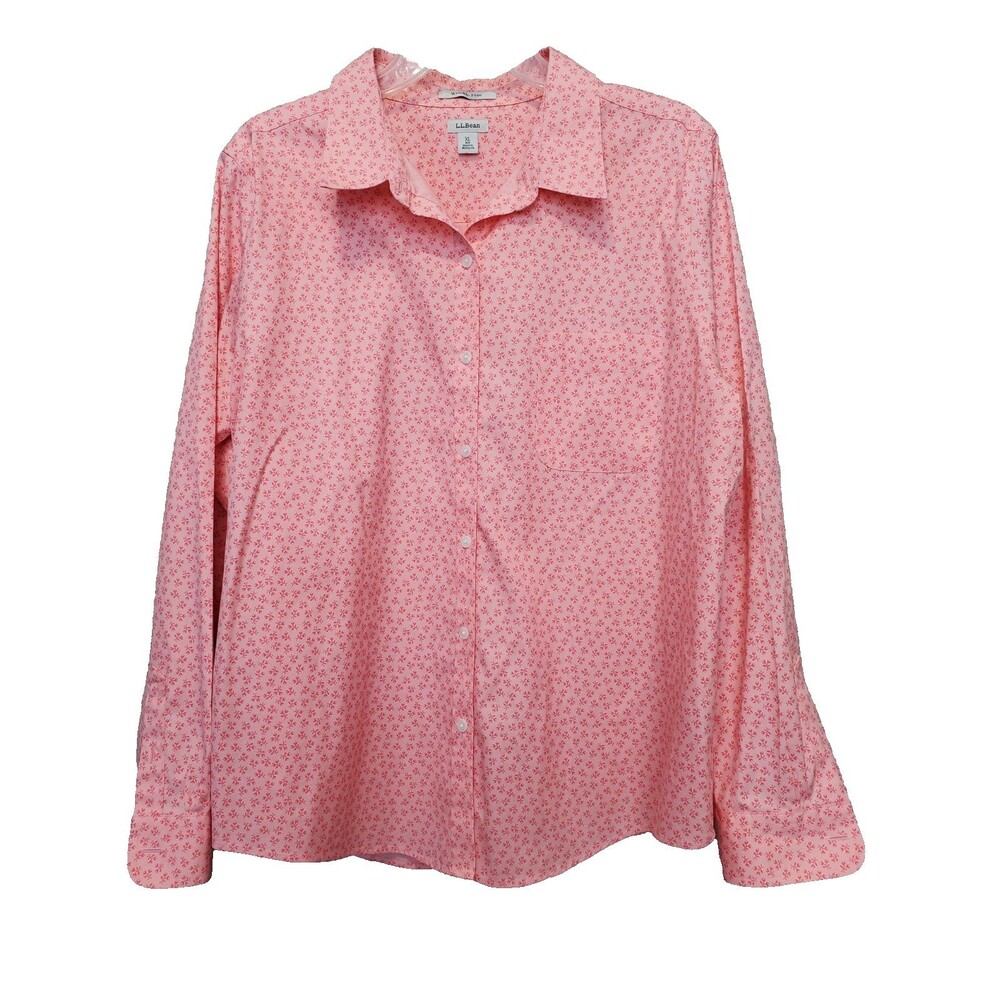LL Bean Women's Wrinkle Free Pink Floral Long Sleeve Button-Up Shirt Size XL
